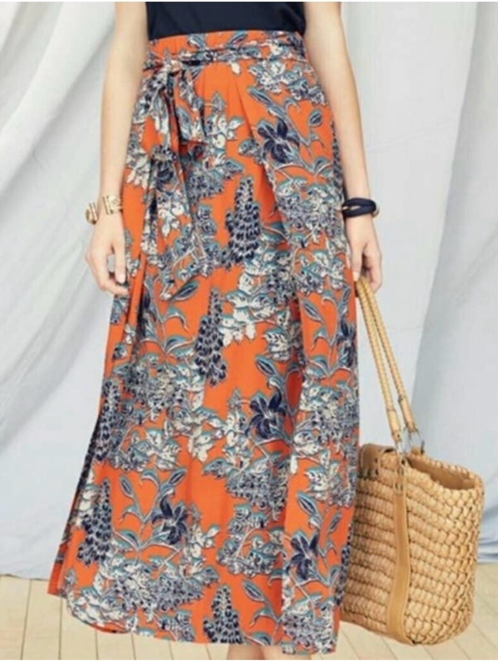 CABI CALYPSO ORANGE NAVY FLORAL FAUX WRAP SKIRT MEDIUM